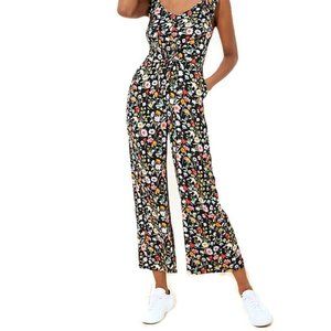 LOFT Ann Taylor Lily Jumpsuit Cropped Ruffle Tie Front Black Multicolor Floral